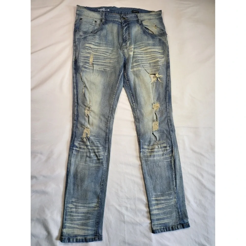 Copper Rivet Mens Slim Fit Distressed Light Wash Blue Moto Denim Jeans 38x32